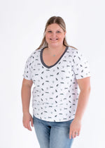 Short sleeve adult V-neck tee in a snow leopard print