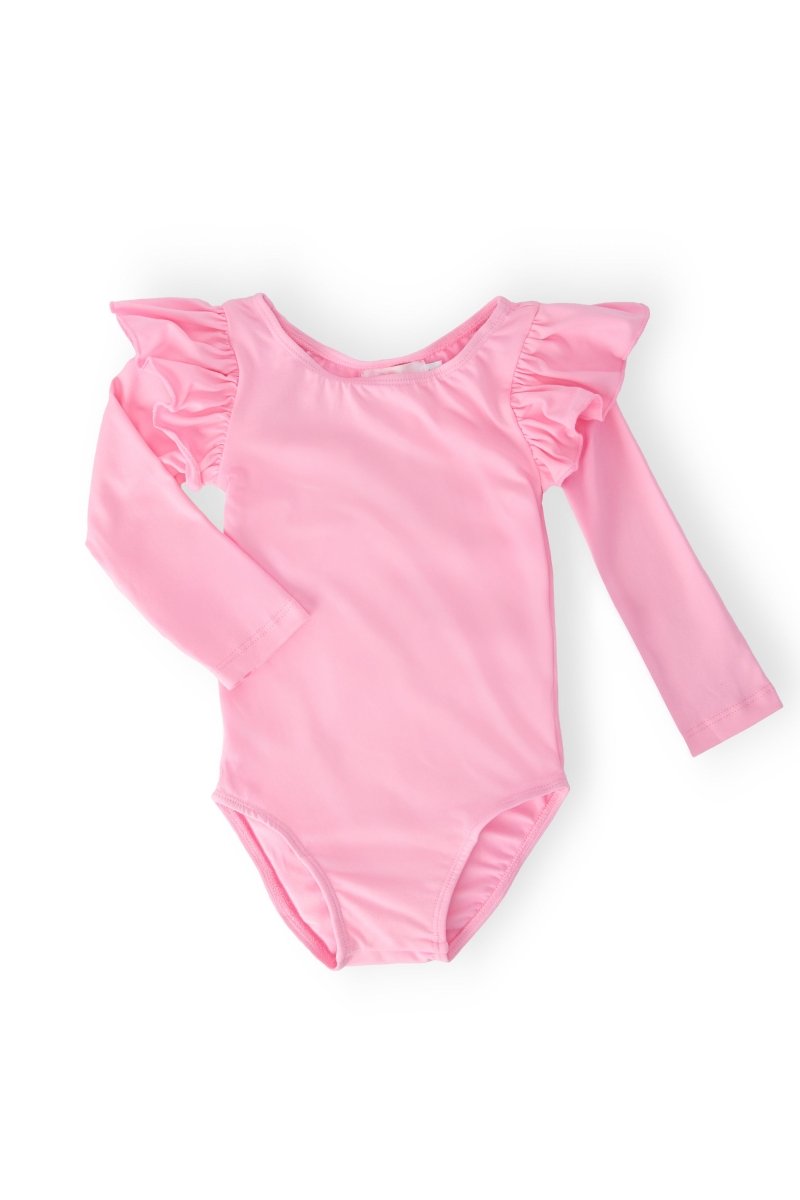 Mila & Rose ® Bubblegum Pink Long Sleeve Flutter Sleeve Leotard For Girls - Everetts Place Boutique - 