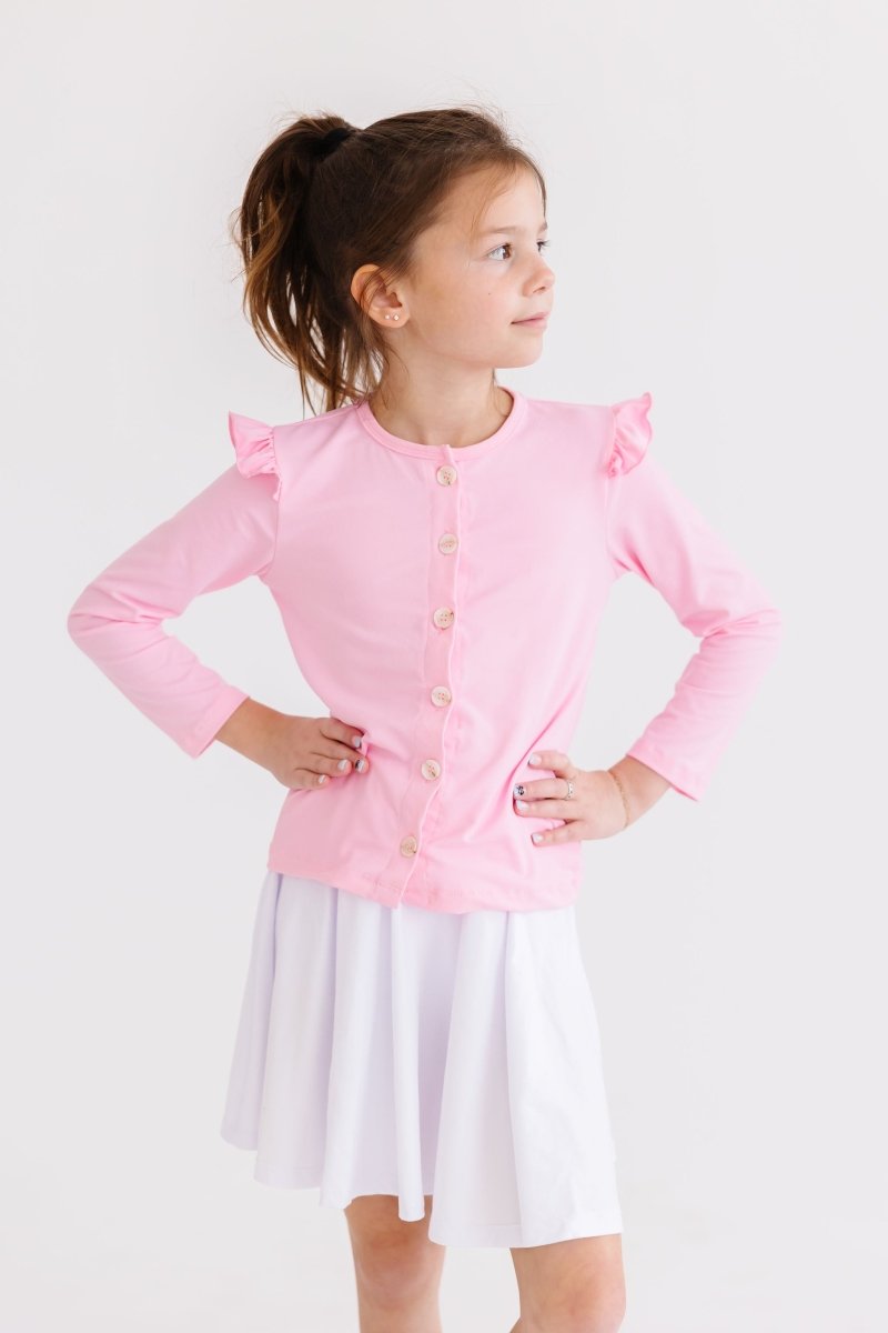 Mila & Rose ® Bubblegum Pink Ruffle Cardigan For Girls Lightweight Layer - Everetts Place Boutique - 