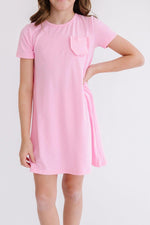 Bubblegum pink t-shirt dress with a ruffle pocket and short sleeves