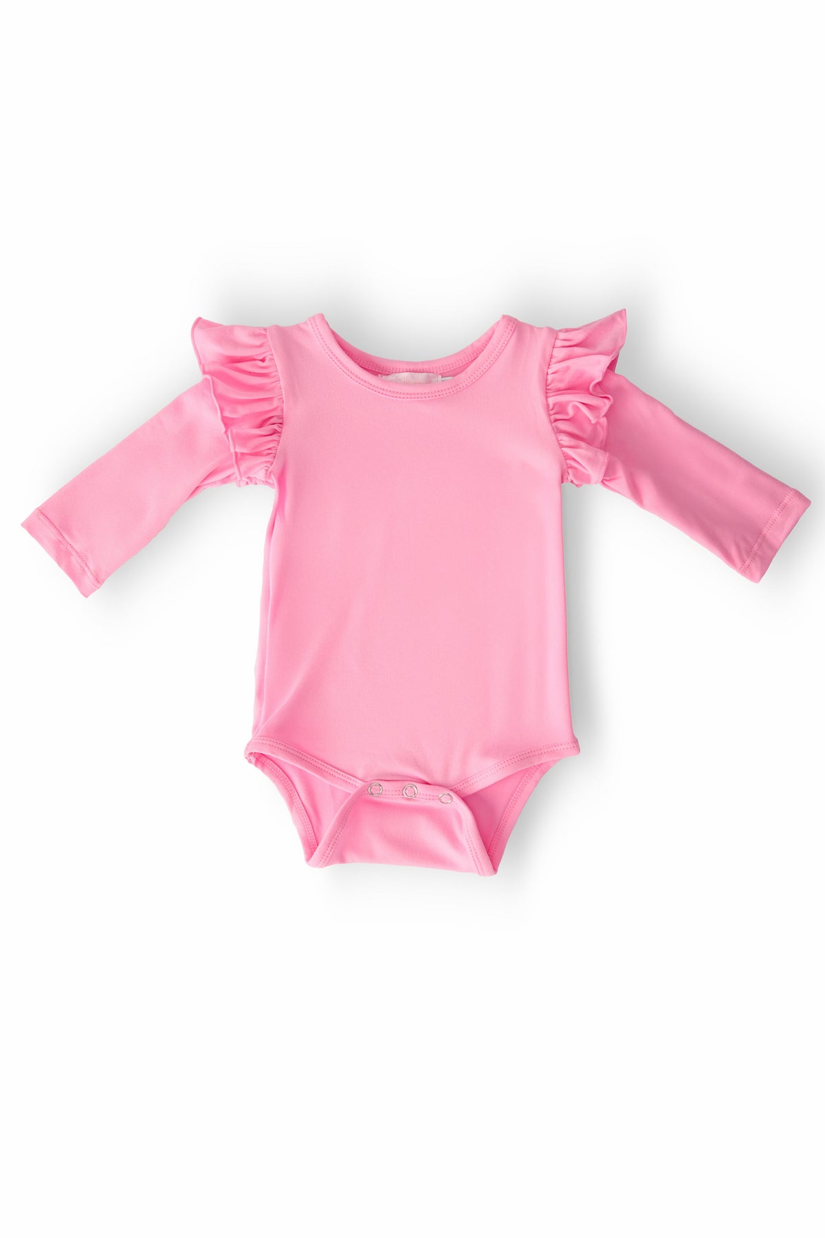 Mila & Rose baby girl wearing a bubblegum pink long-sleeve flutter bodysuit, made from organic cotton.