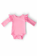 Mila & Rose baby girl wearing a bubblegum pink long-sleeve flutter bodysuit, made from organic cotton.