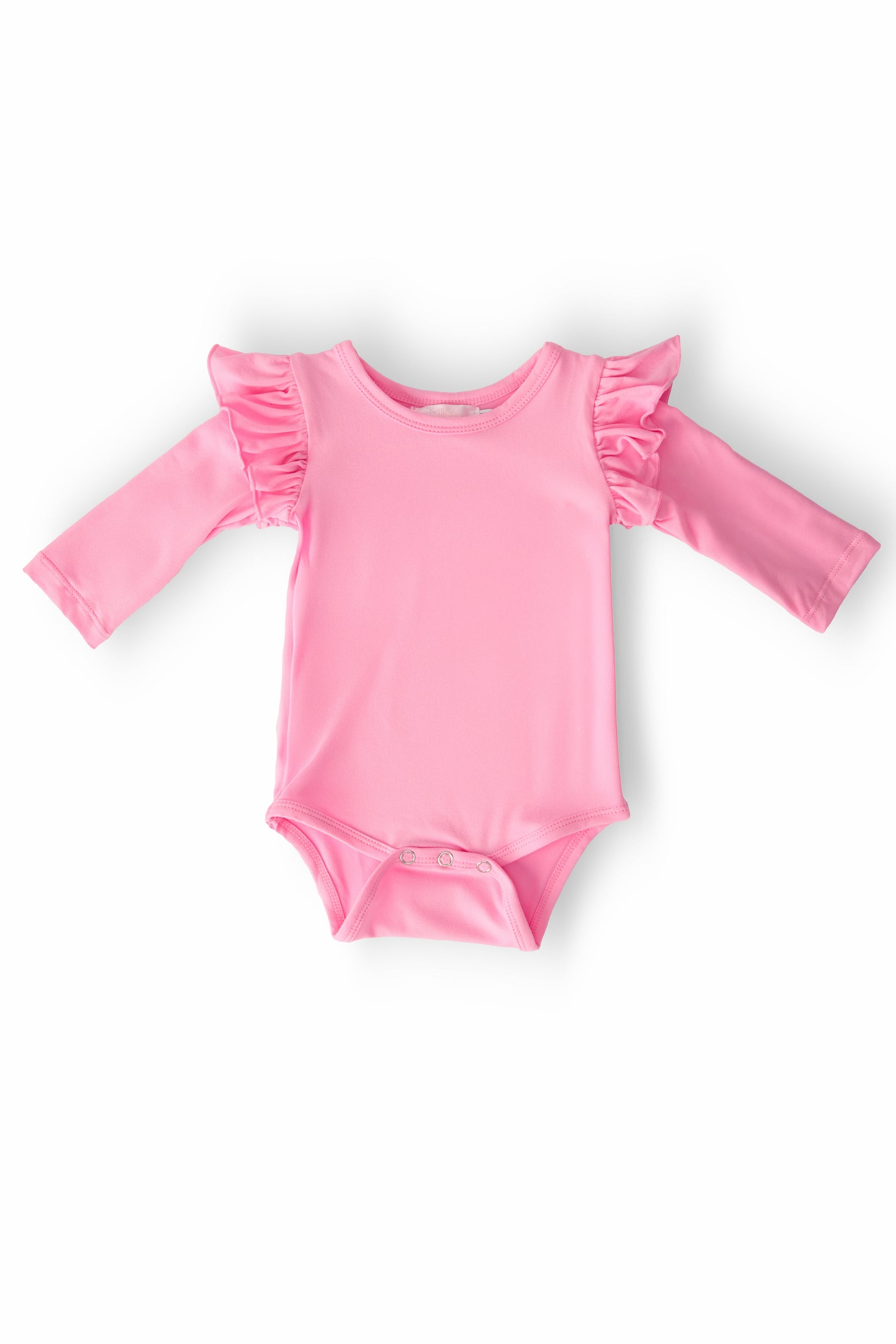 Mila & Rose baby girl wearing a bubblegum pink long-sleeve flutter bodysuit, made from organic cotton.