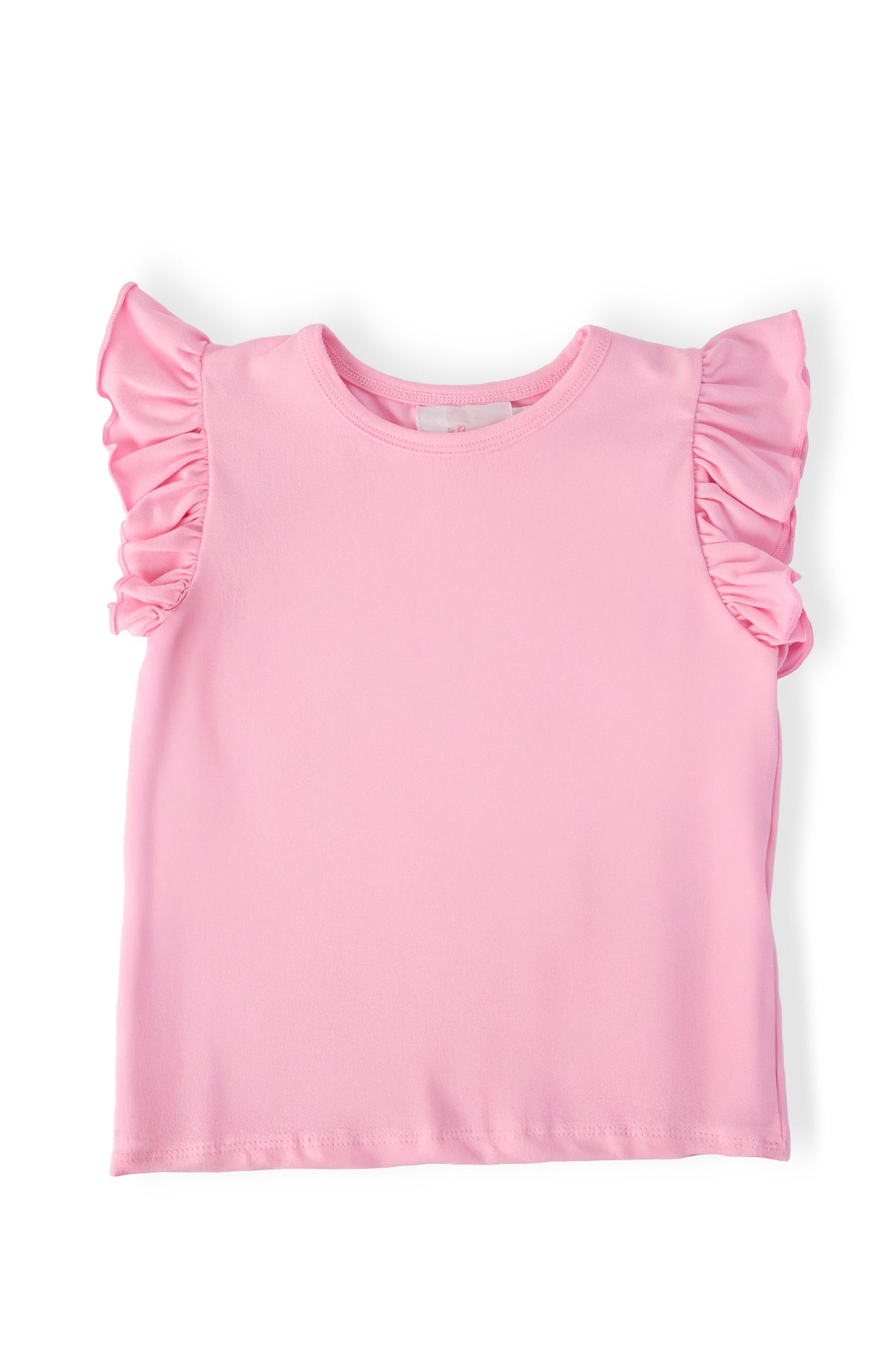 Bubblegum pink short-sleeve tee with ruffle detail on the shoulders