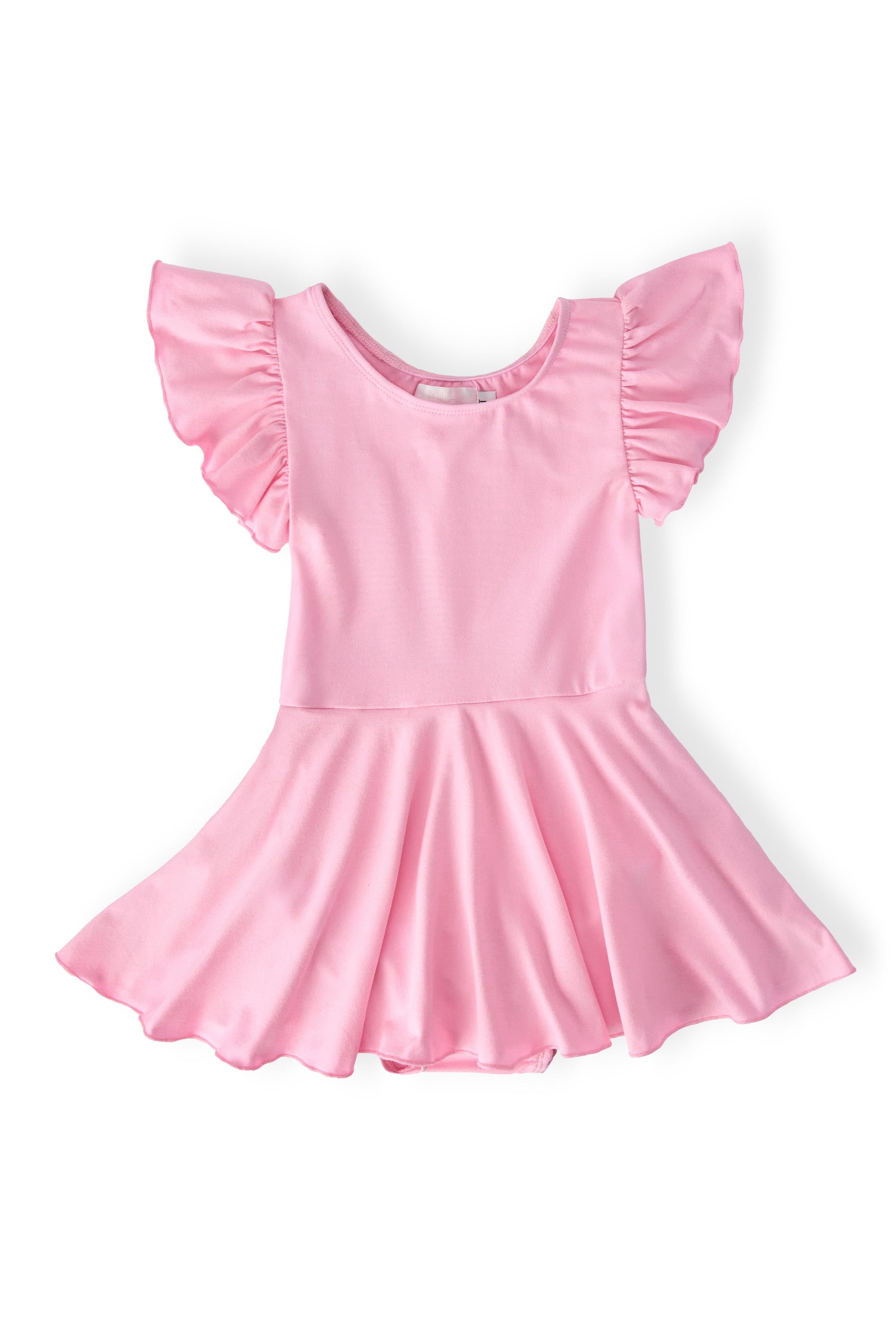 Bubblegum pink short-sleeve twirl leotard for girls with a full skirt.