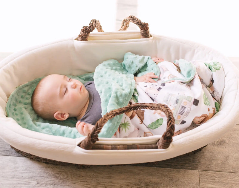 Sleeping baby wrapped in a Premium Baby & Toddler Minky Blanket with a safari pattern in a basket.
