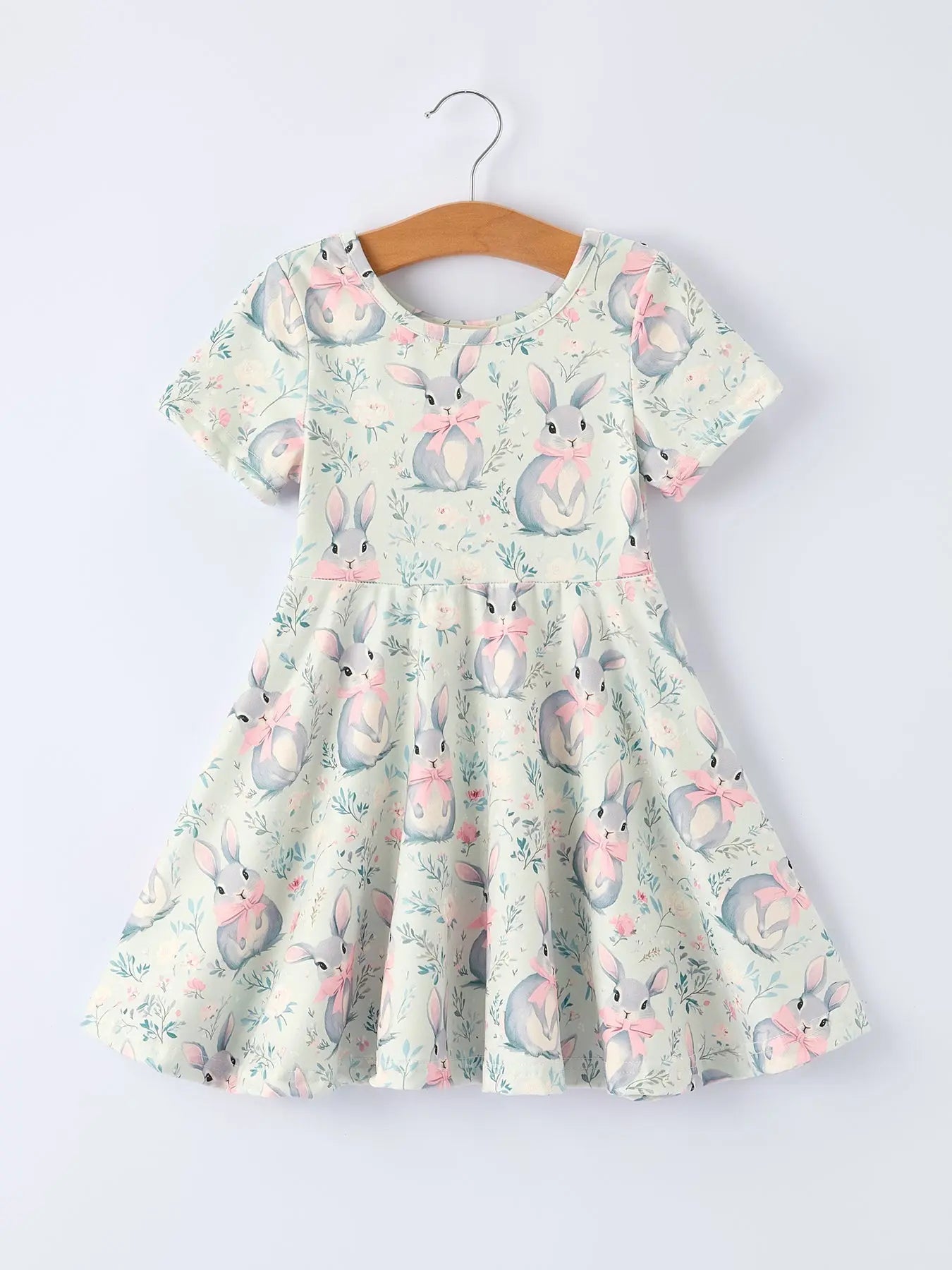 Rylee Faith Designs Bunny Bow Print Twirl Short Sleeve Dress - 
