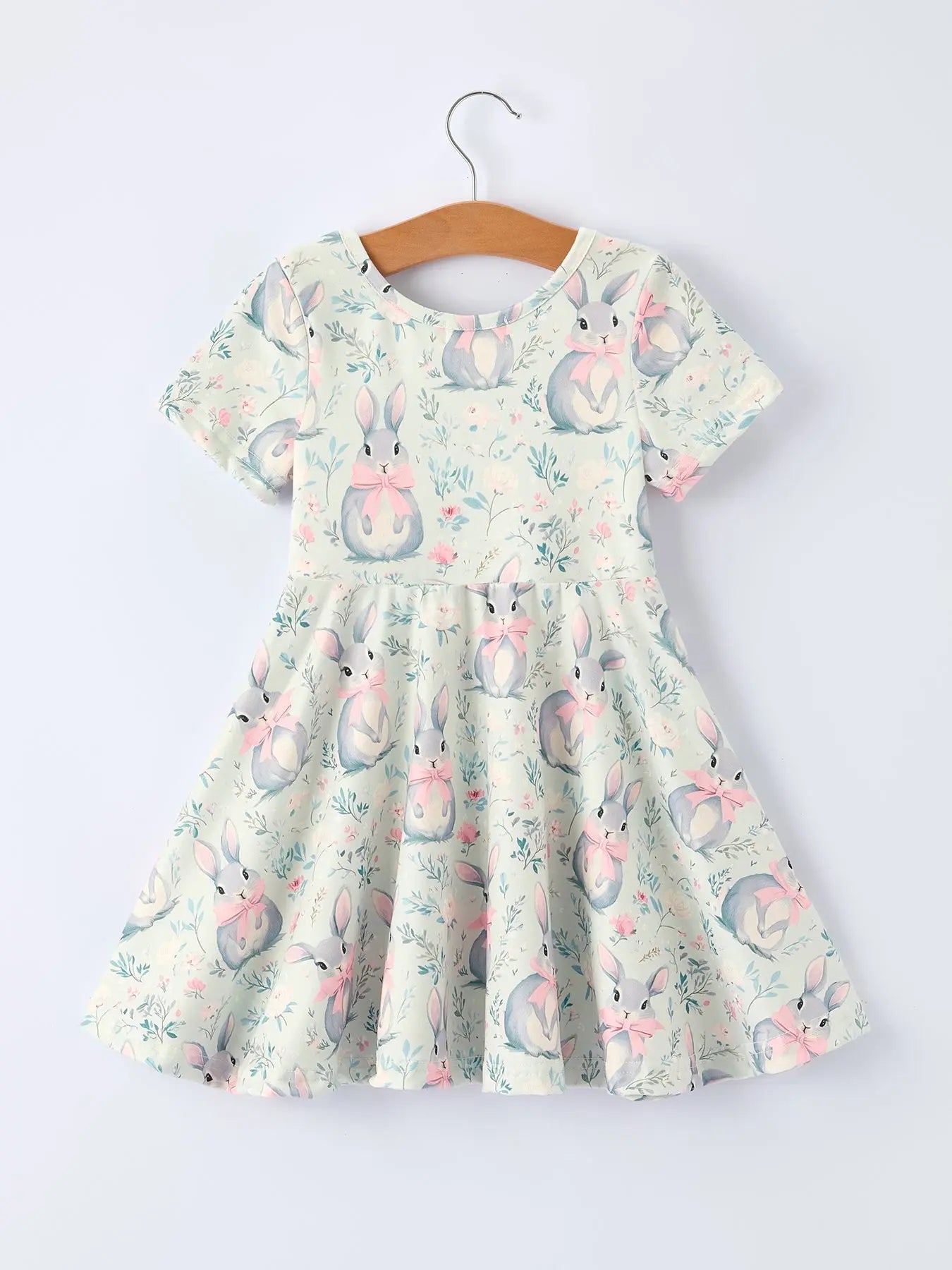 Rylee Faith Designs Bunny Bow Print Twirl Short Sleeve Dress - 