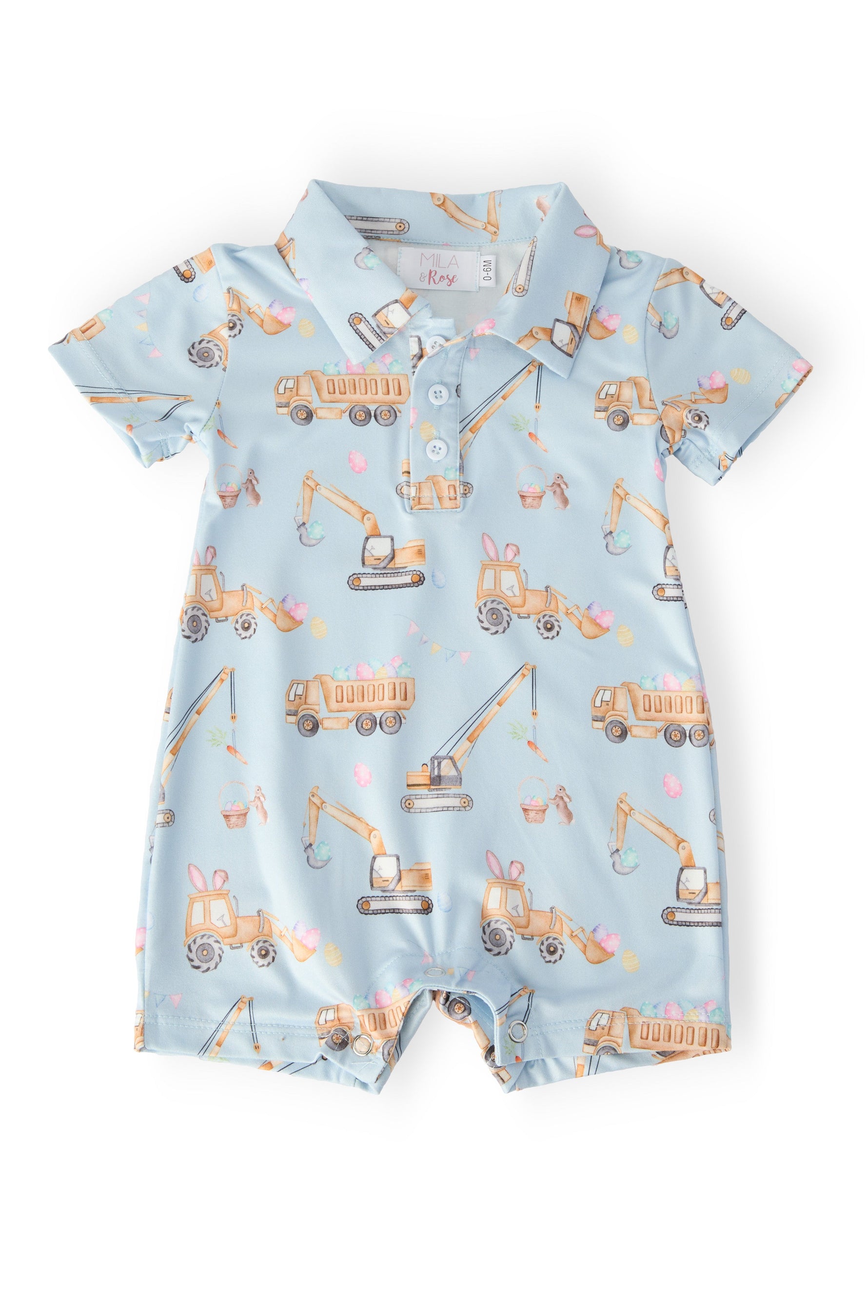 Mila & Rose baby Bunny Builders polo shorty one-piece.