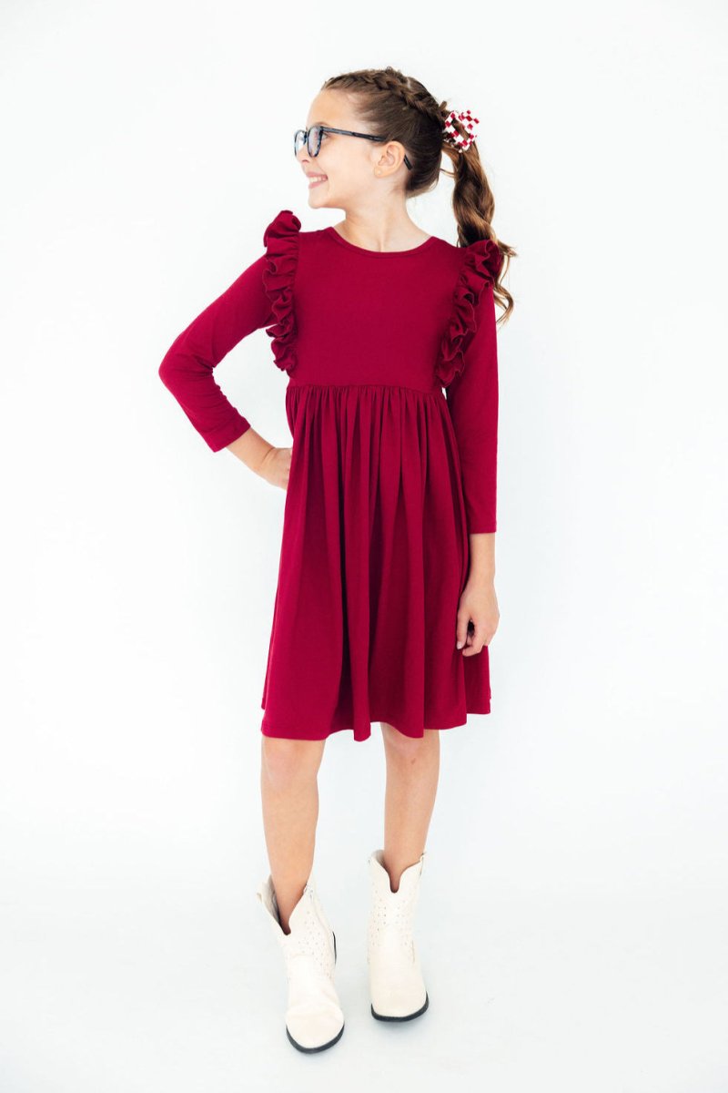 Mila & Rose ® Burgundy Long Sleeve Ruffle Twirl Dress For Girls Cute - Everetts Place Boutique - 