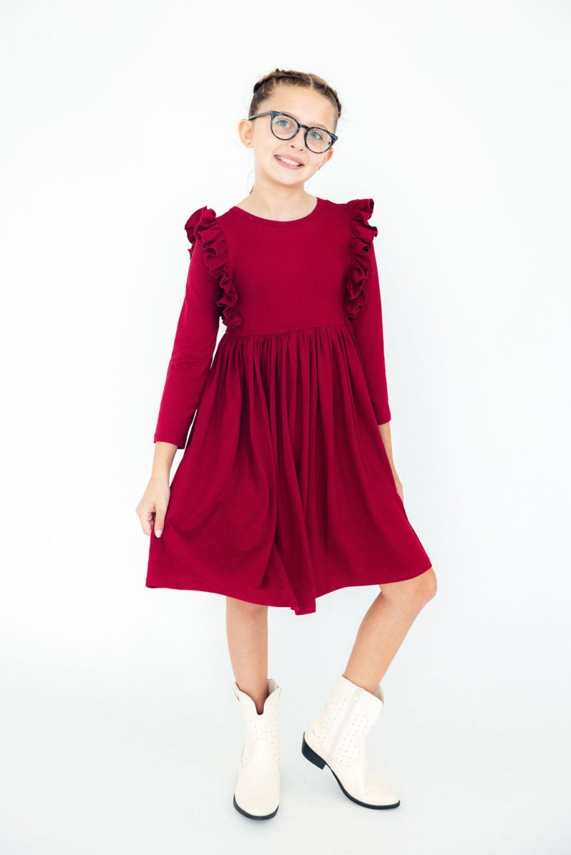 Mila & Rose ® Burgundy Long Sleeve Ruffle Twirl Dress For Girls Cute - Everetts Place Boutique - 