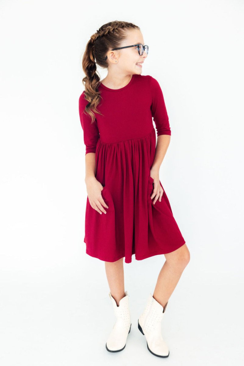 Mila & Rose ® Burgundy Three Quarter Sleeve Twirl Dress With Pocket - Everetts Place Boutique - 
