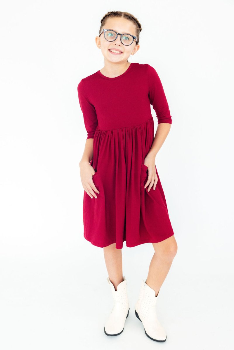 Mila & Rose ® Burgundy Three Quarter Sleeve Twirl Dress With Pocket - Everetts Place Boutique - 