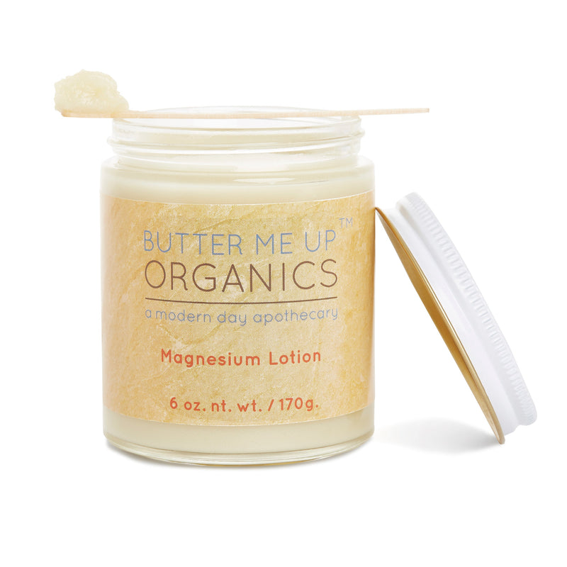 Organic Magnesium Lotion in 6 oz glass jar with metal lid for skin hydration and relaxation.