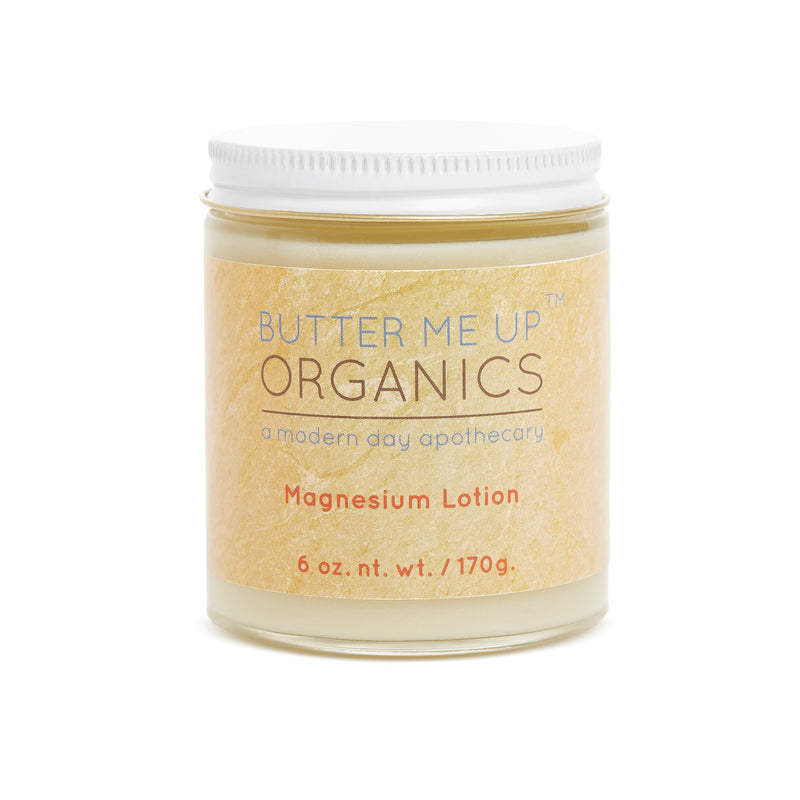 Organic Magnesium Lotion in a 6 oz glass jar with a metal lid.