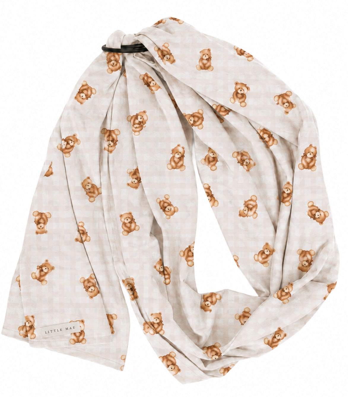 Beige teddy gingham ring sling baby carrier with black aluminum rings and double-sided cotton blend fabric