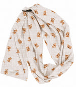 Beige teddy gingham ring sling baby carrier with black aluminum rings and double-sided cotton blend fabric
