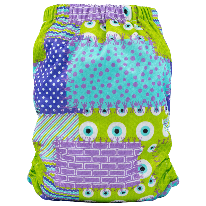 Slim Fit Pocket Cloth Diaper with colorful patchwork design, featuring simplified snaps and athletic wicking jersey material.