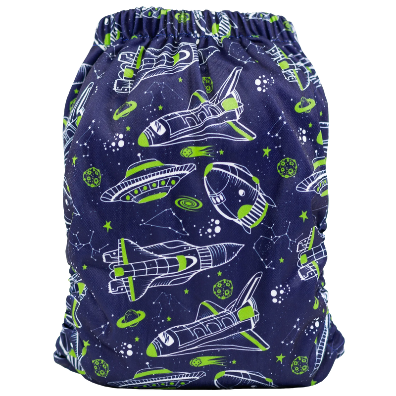 Slim Fit Pocket Cloth Diaper with space-themed design, featuring athletic wicking jersey material.