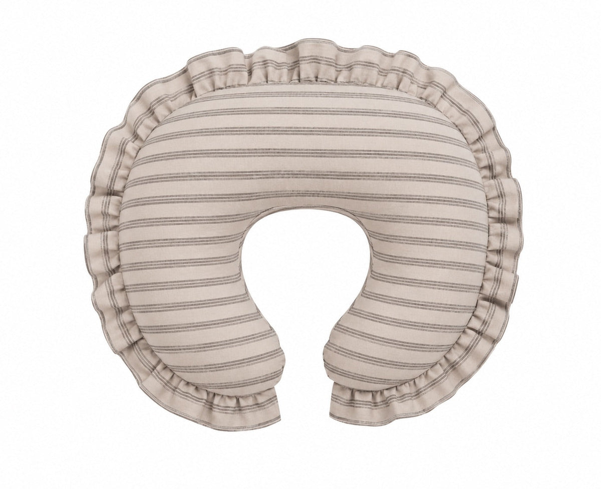 Grey Ivory Stripe Ruffle Nursing Pillow Cover by Little Mae & Co