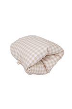 Close-up of Little Mae & Co. organic beige gingham travel pillow for baby, soft fabric texture.