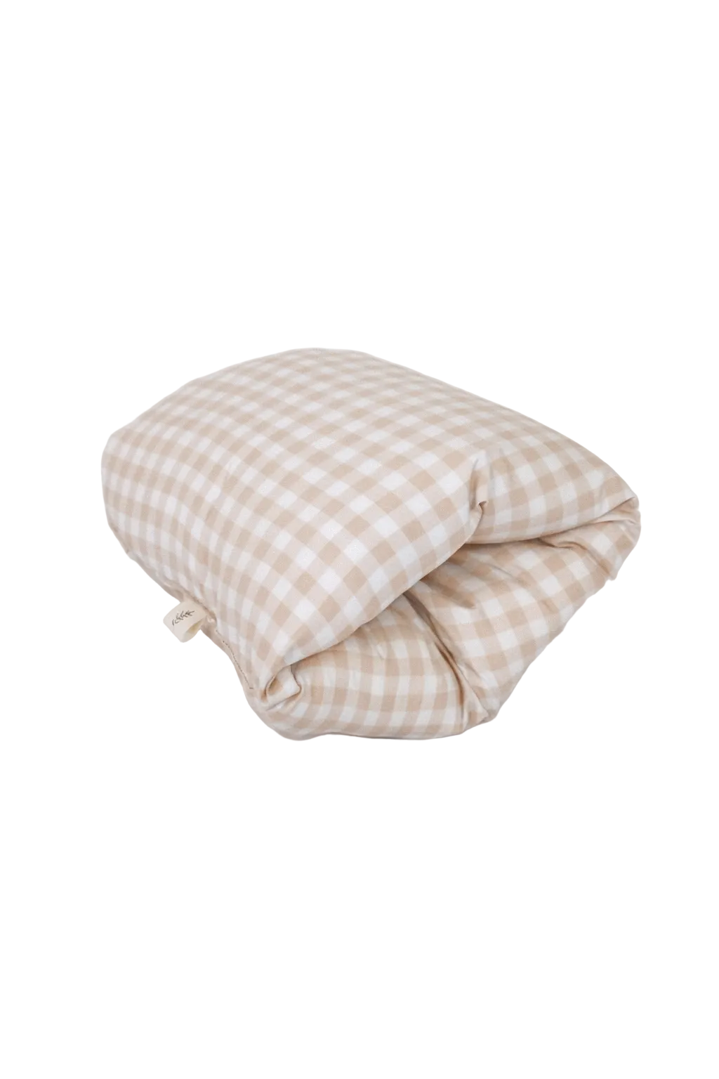 Close-up of Little Mae & Co. organic beige gingham travel pillow for baby, soft fabric texture.