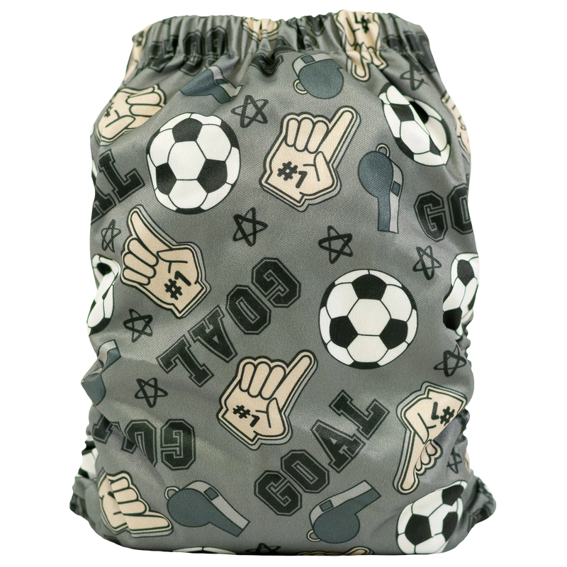 Slim Fit AIO Cloth Diaper with sports print design, suitable for babies 8-40 lbs.