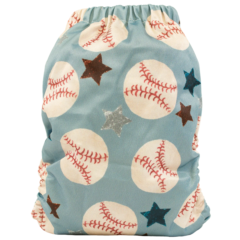 Slim fit pocket cloth diaper with baseball and star print pattern.