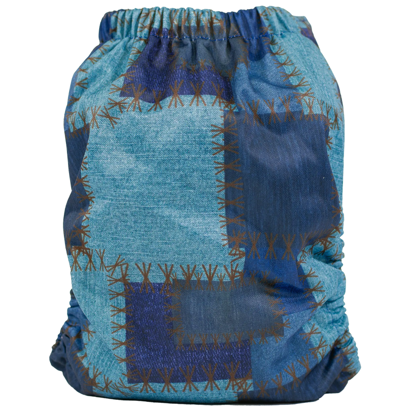 Slim Fit AIO Cloth Diaper with blue patchwork design, water-resistant recycled PUL fabric.