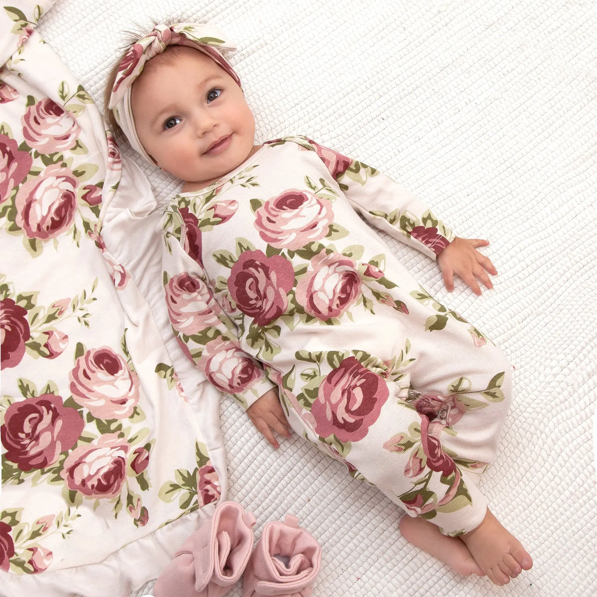 Cabbage Rose Cotton Romper For Baby With Snap Closures Tesa Babe 