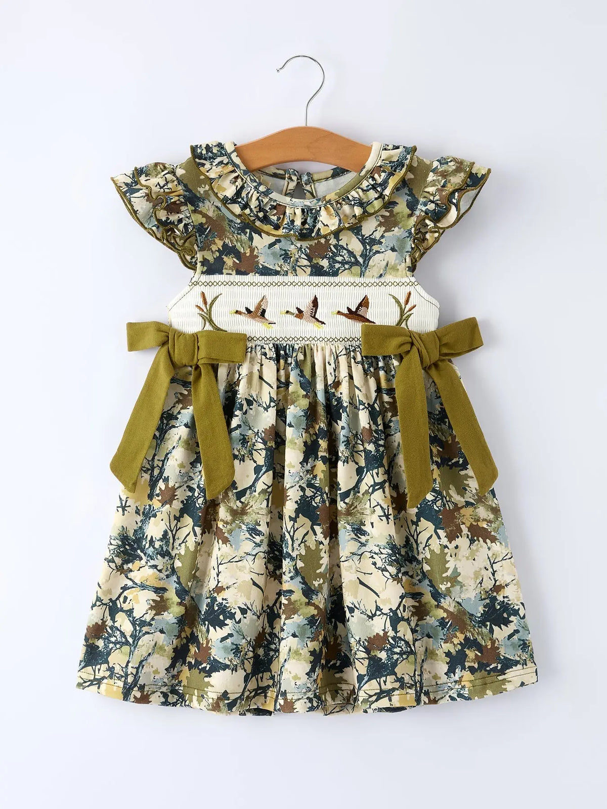 Rylee Faith Designs Camo Duck Smocked Bow Ruffle Sleeves Girls Dress - 
