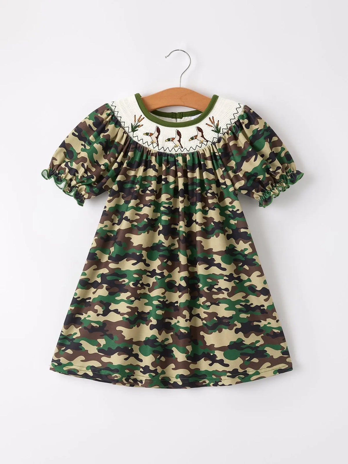 Rylee Faith Designs Camouflage Duck Smocking Embroidery Girls Dress - 