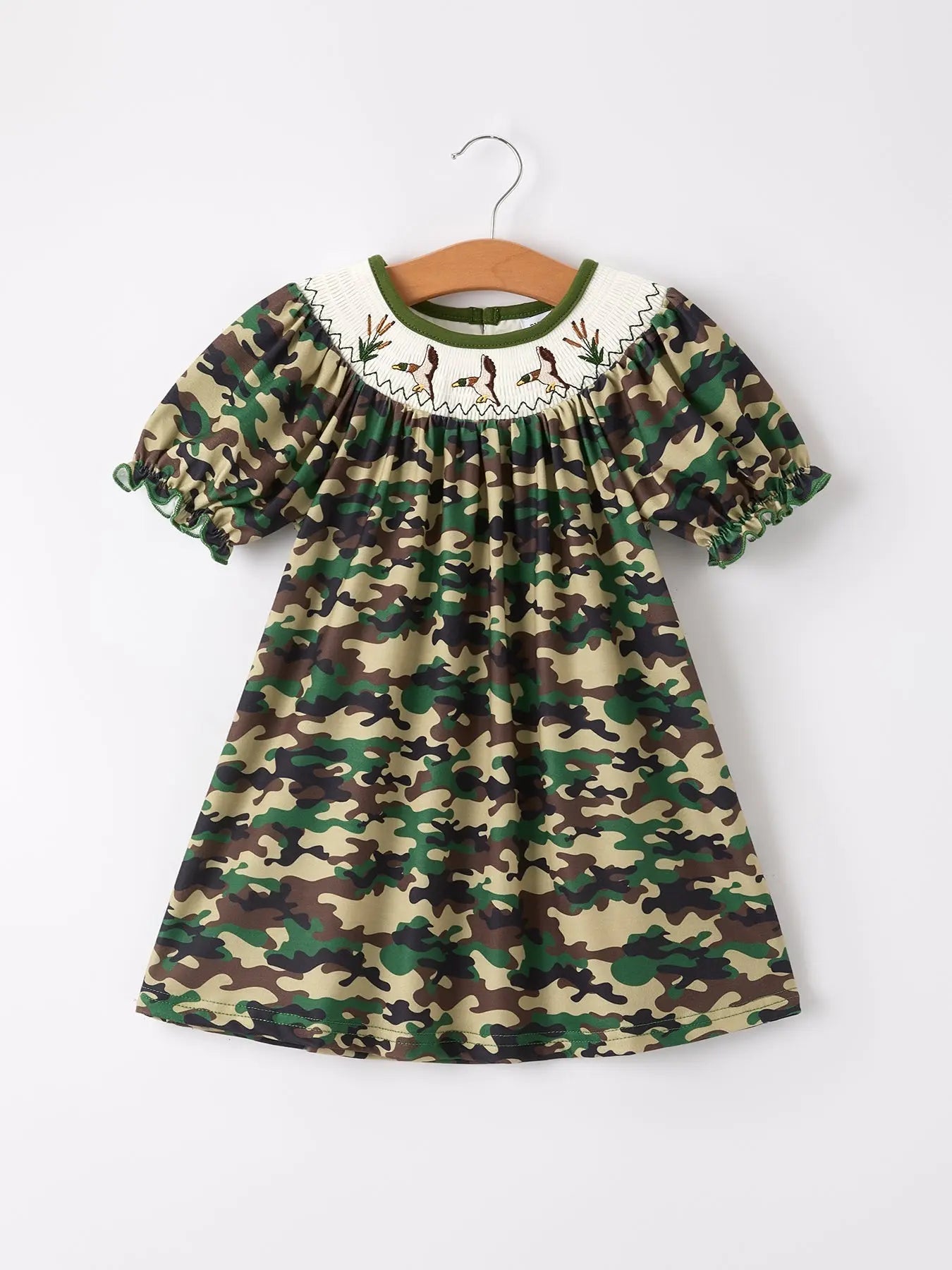 Rylee Faith Designs Camouflage Duck Smocking Embroidery Girls Dress - 