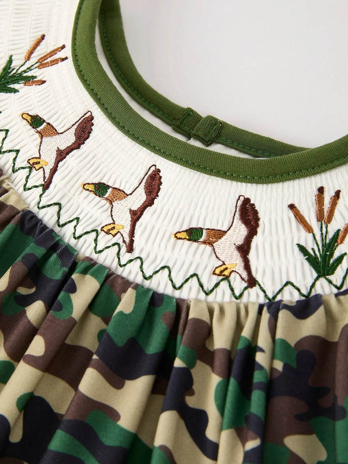 Rylee Faith Designs Camouflage Duck Smocking Embroidery Girls Dress - 