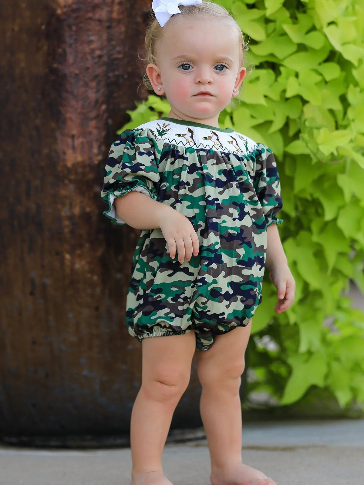 Rylee Faith Designs Camouflage Duck Smocking Embroidery Girls Romper - 