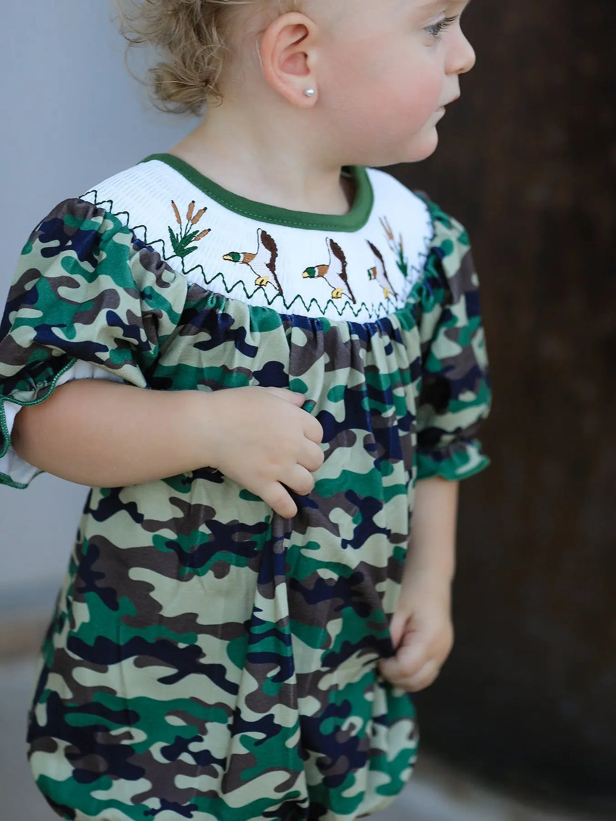 Rylee Faith Designs Camouflage Duck Smocking Embroidery Girls Romper - 