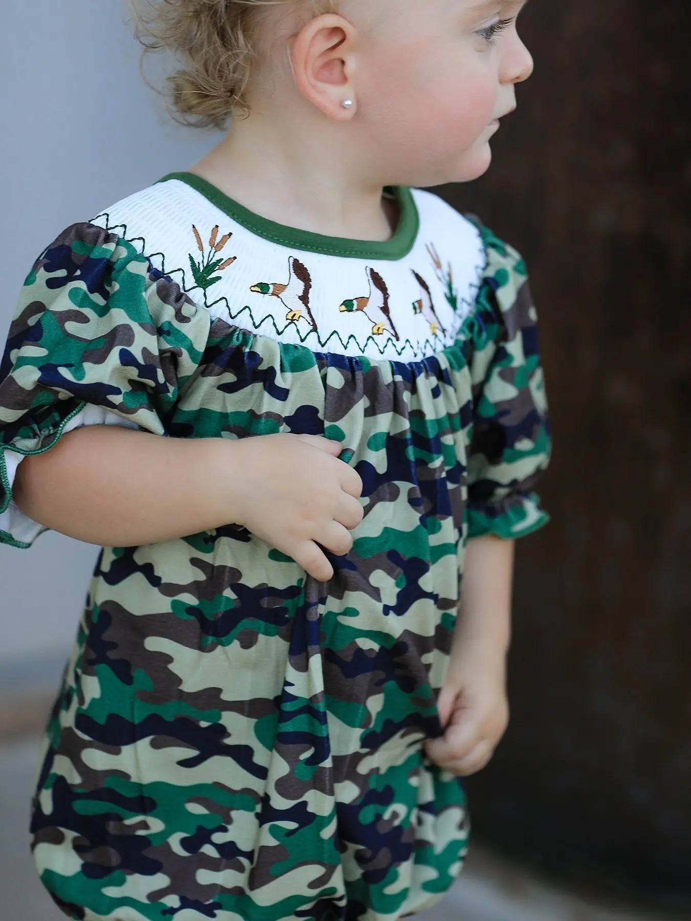Rylee Faith Designs Camouflage Duck Smocking Embroidery Girls Romper - 