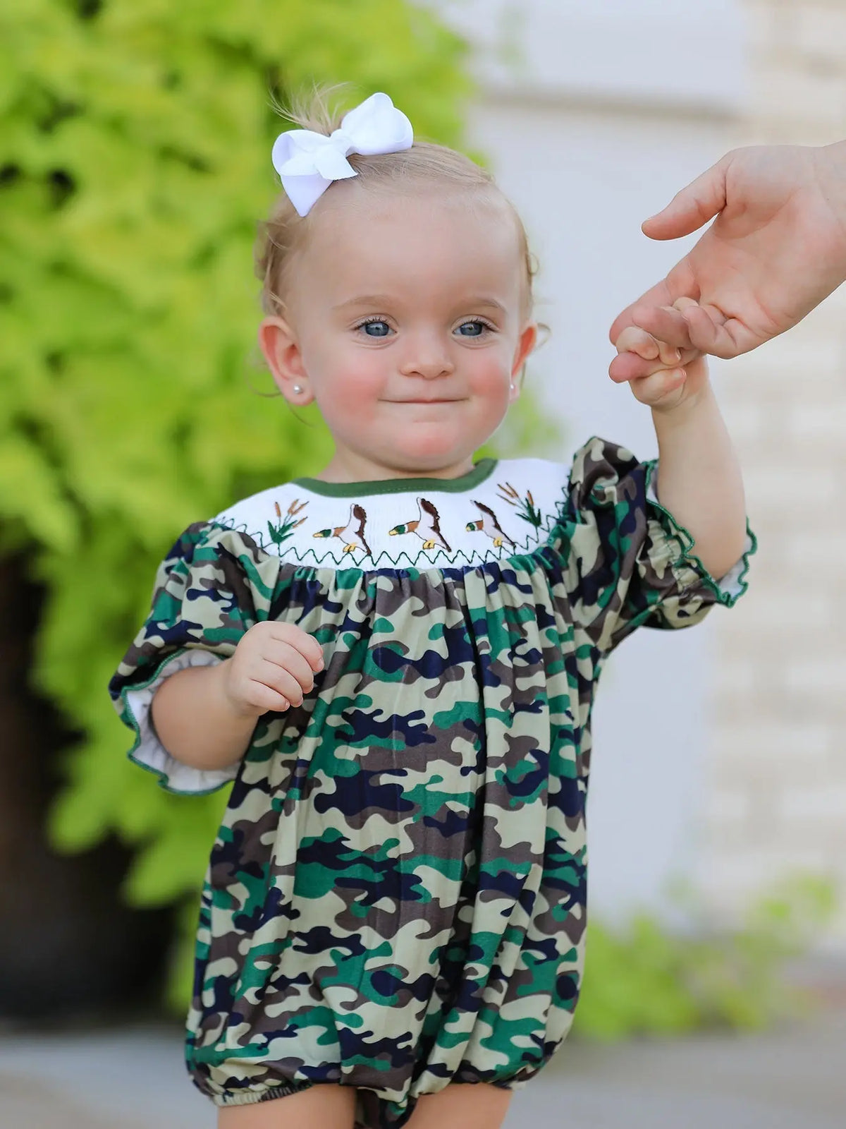 Rylee Faith Designs Camouflage Duck Smocking Embroidery Girls Romper - 