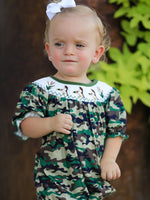 Rylee Faith Designs Camouflage Duck Smocking Embroidery Girls Romper - 