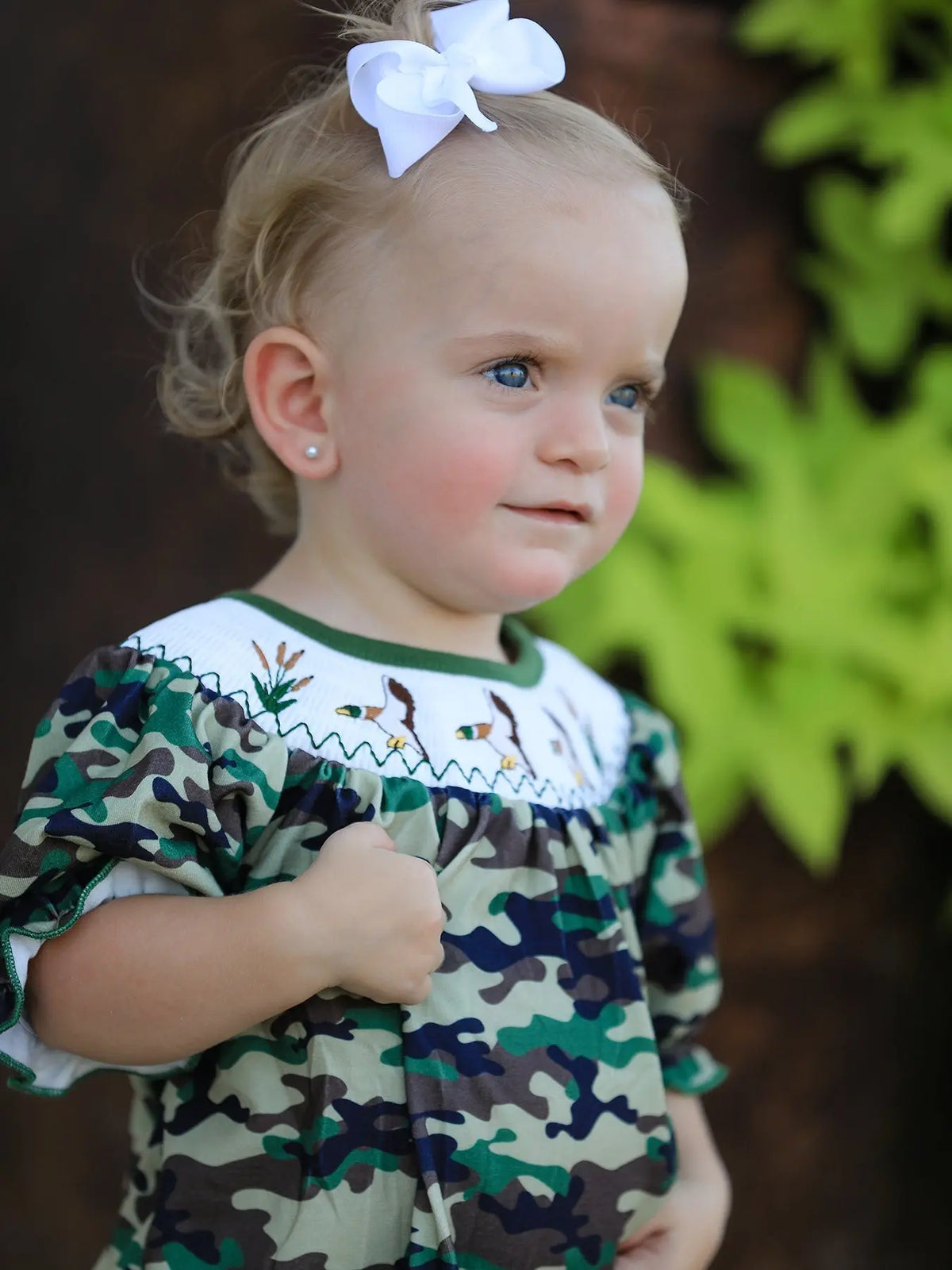 Rylee Faith Designs Camouflage Duck Smocking Embroidery Girls Romper - 