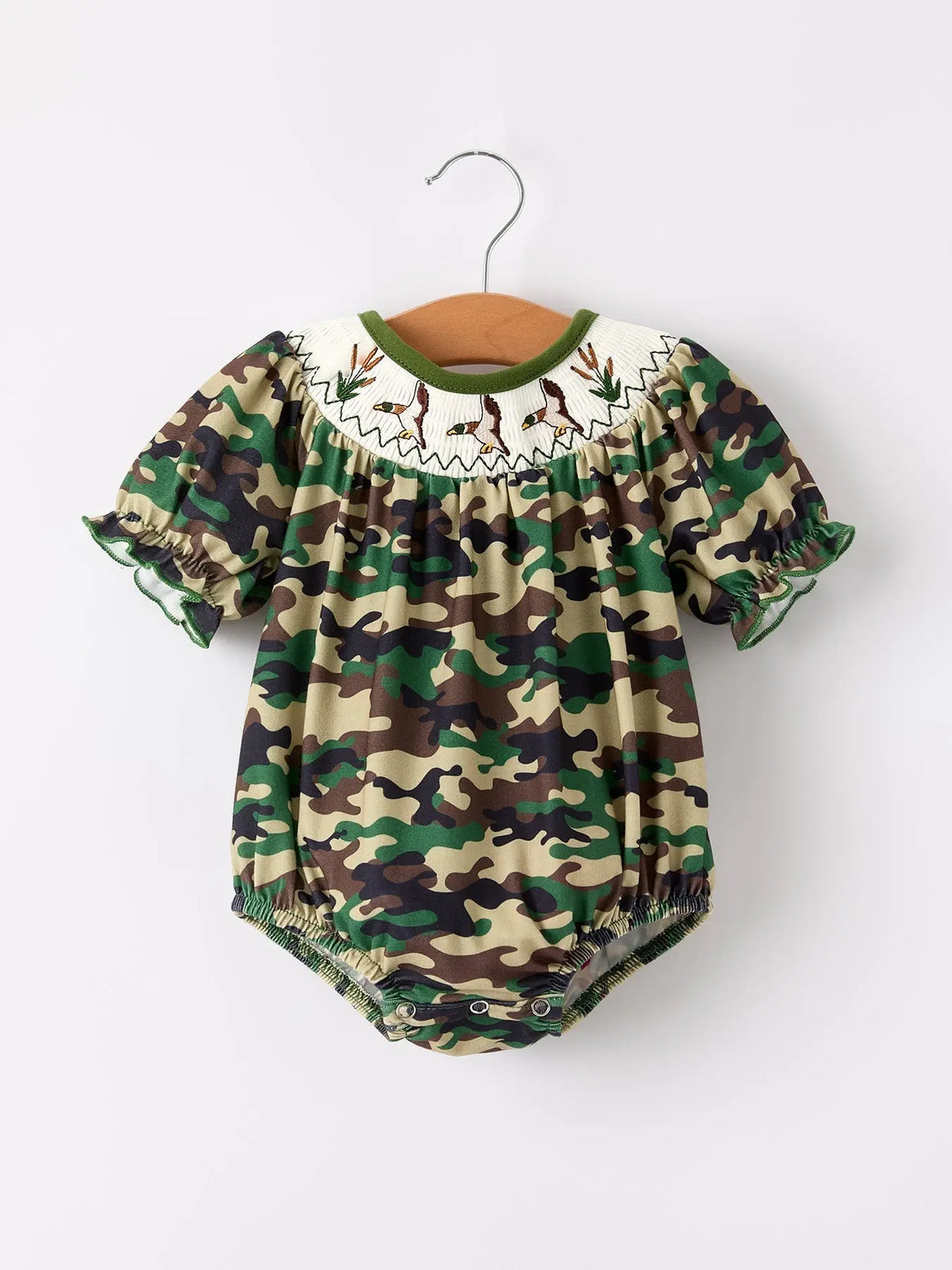 Rylee Faith Designs Camouflage Duck Smocking Embroidery Girls Romper - 