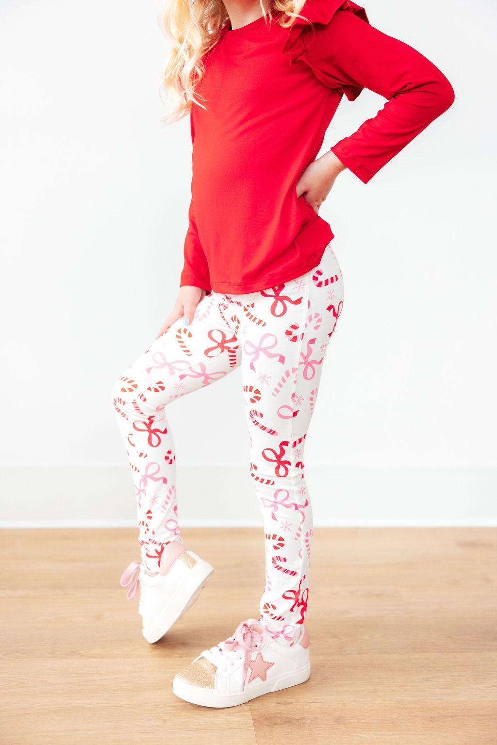Mila & Rose Candy Cane Lane organic baby leggings, red & white.