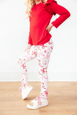 Mila & Rose Candy Cane Lane organic baby leggings, red & white.