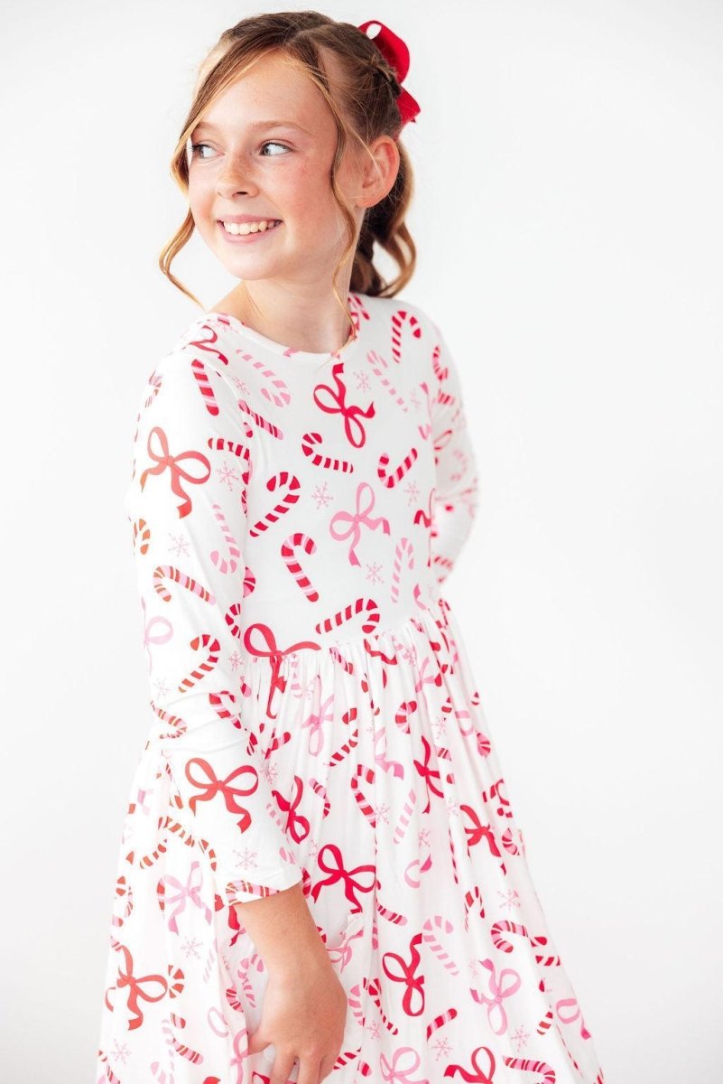 Mila & Rose ® Candy Cane Lane Long Sleeve Pocket Twirl Dress For Girls - Everetts Place Boutique - 
