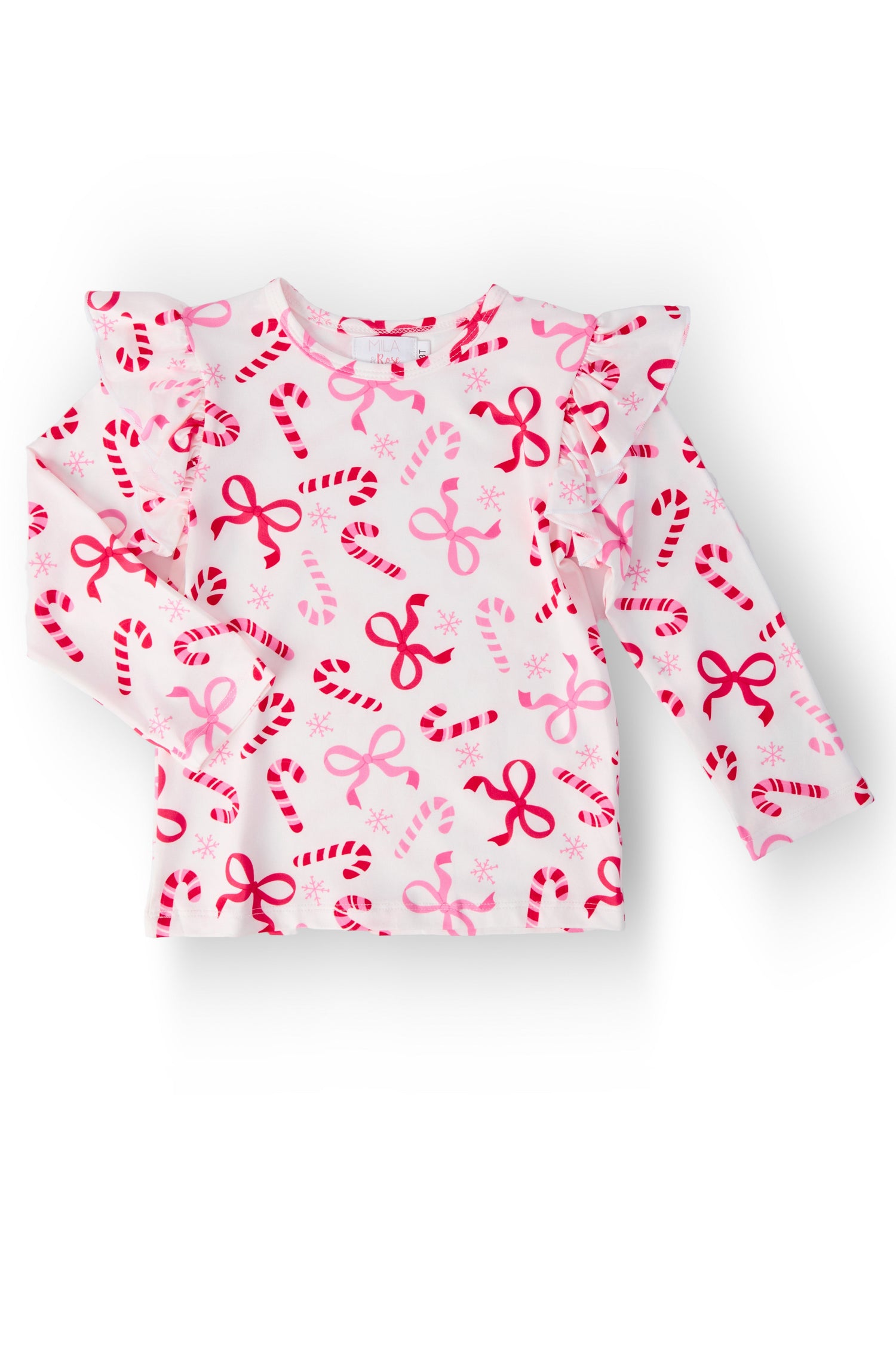 Long-sleeve ruffle tee with a candy cane print and ruffle detail at the shoulders