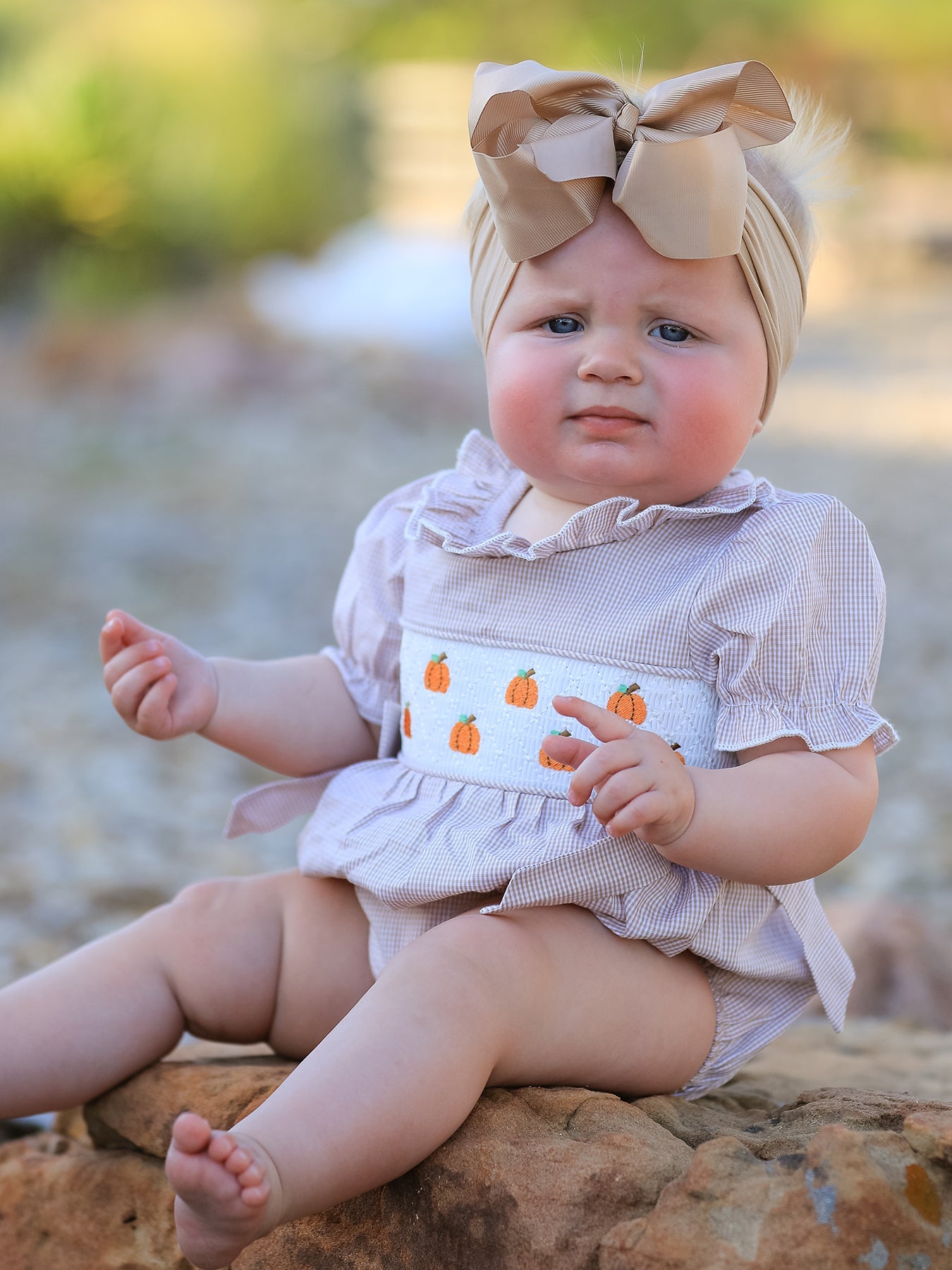 Plaid Cotton Pumpkin Embroidery Smock Romper