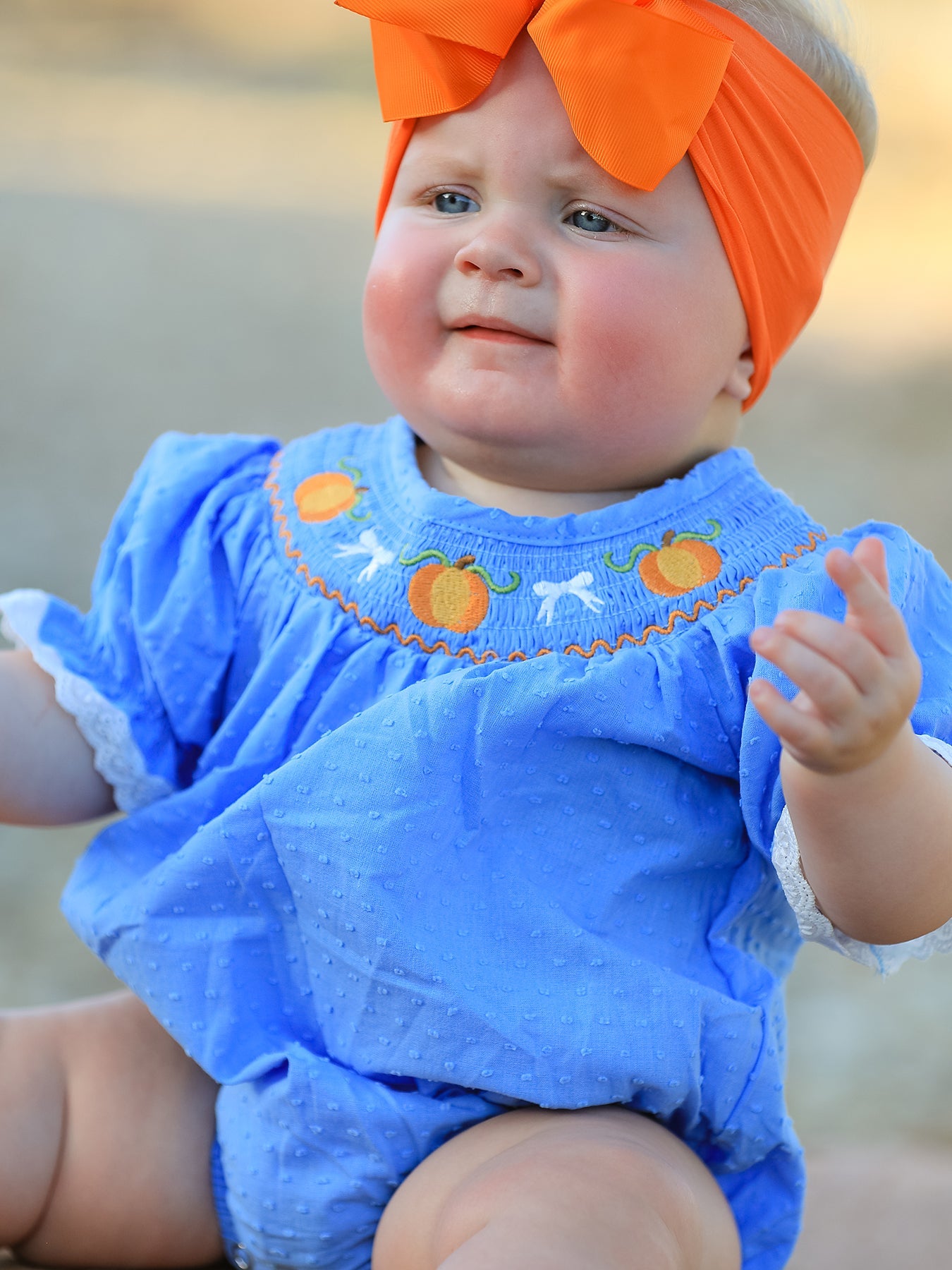Cotton Smocked Bubble Romper, Pumpkin Embroidery