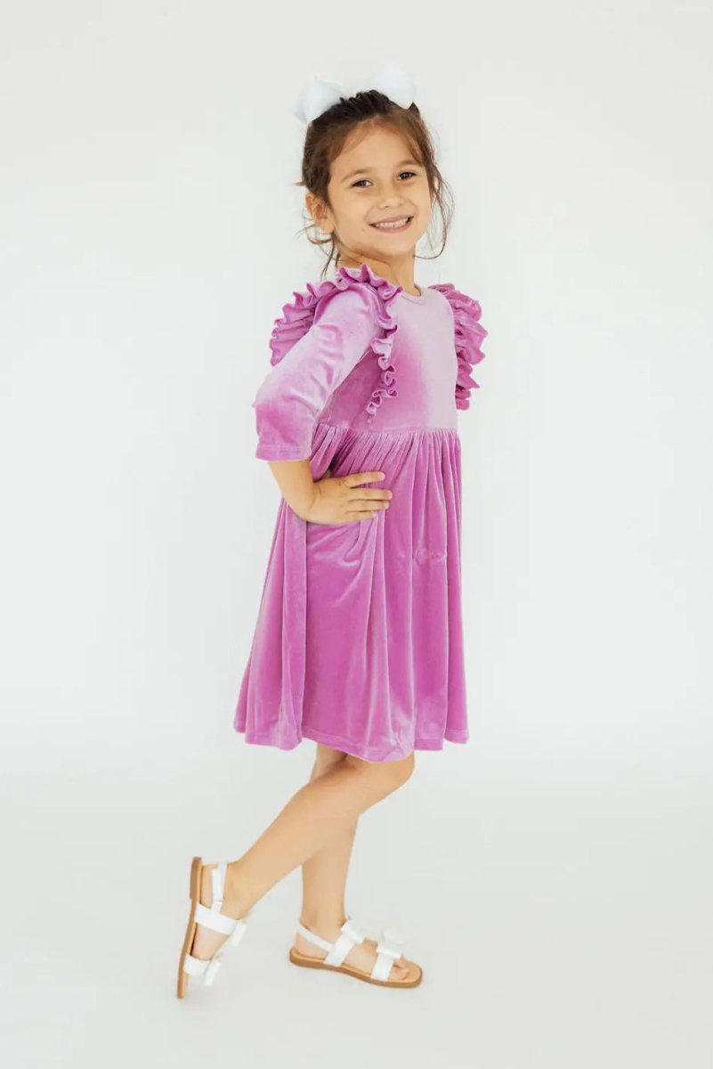 Mila & Rose ® Carnation Pink Velvet Ruffle Twirl Dress for Girls Everyday - Everetts Place Boutique - 