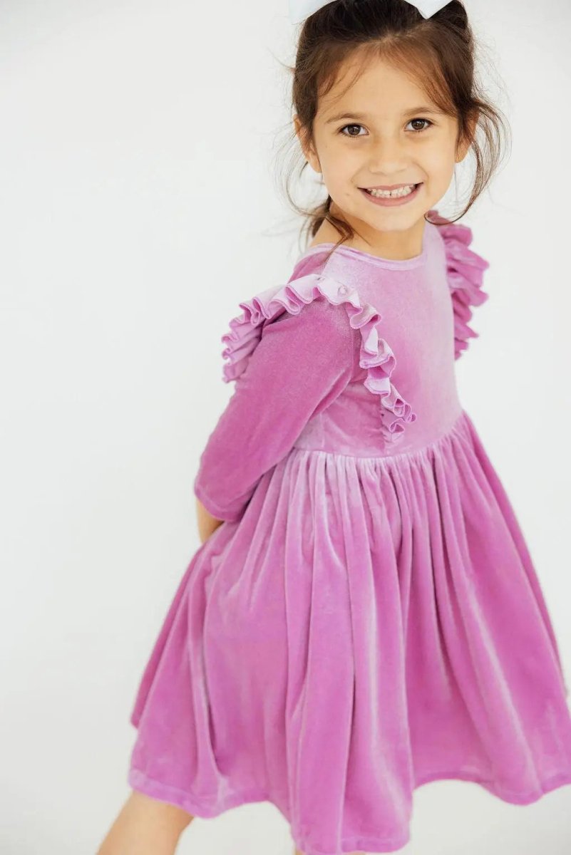 Mila & Rose ® Carnation Pink Velvet Ruffle Twirl Dress for Girls Everyday - Everetts Place Boutique - 