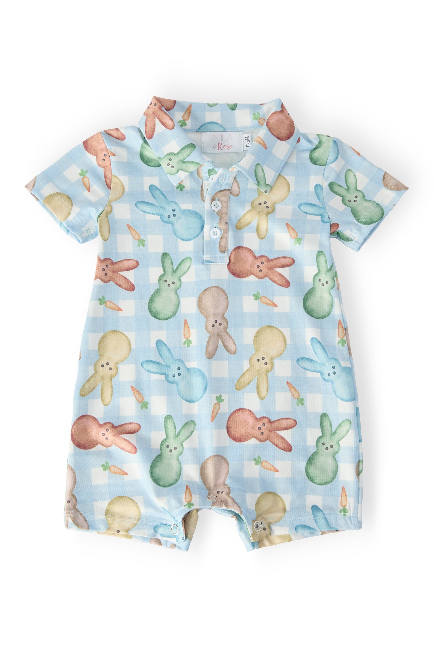 Mila & Rose baby Carrot Patch polo shorty one-piece.